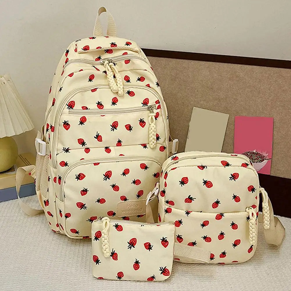 Corduroy Backpack three piece set Strawberry Print Daily Casual Backpack Niche Large Capacity Commuting Light Backpack