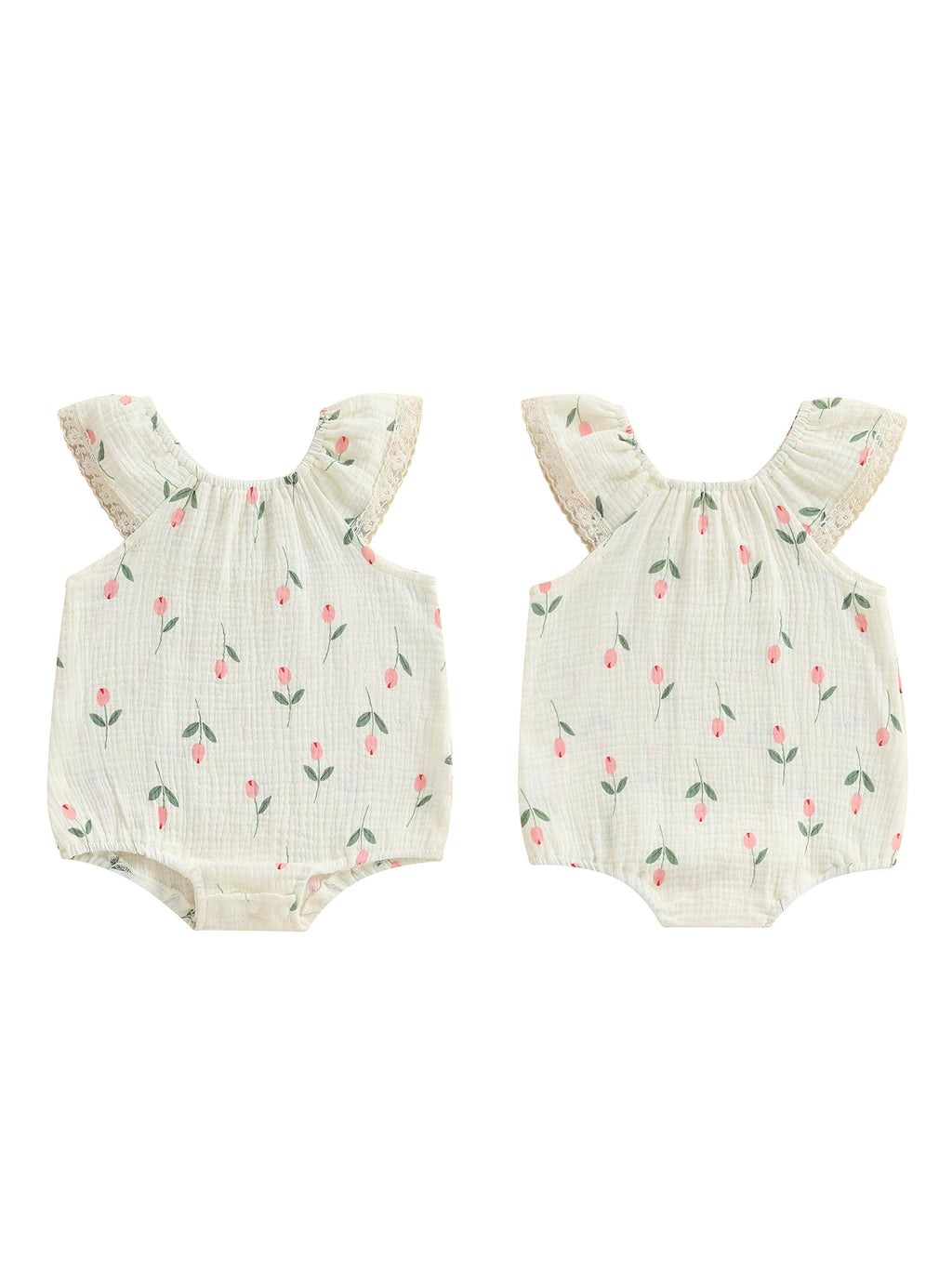 Toddler Girl Sleeveless Romper with Floral Print and Lace Detail Round Neck Jumpsuit for Summer Cute Bubble Bodysuit