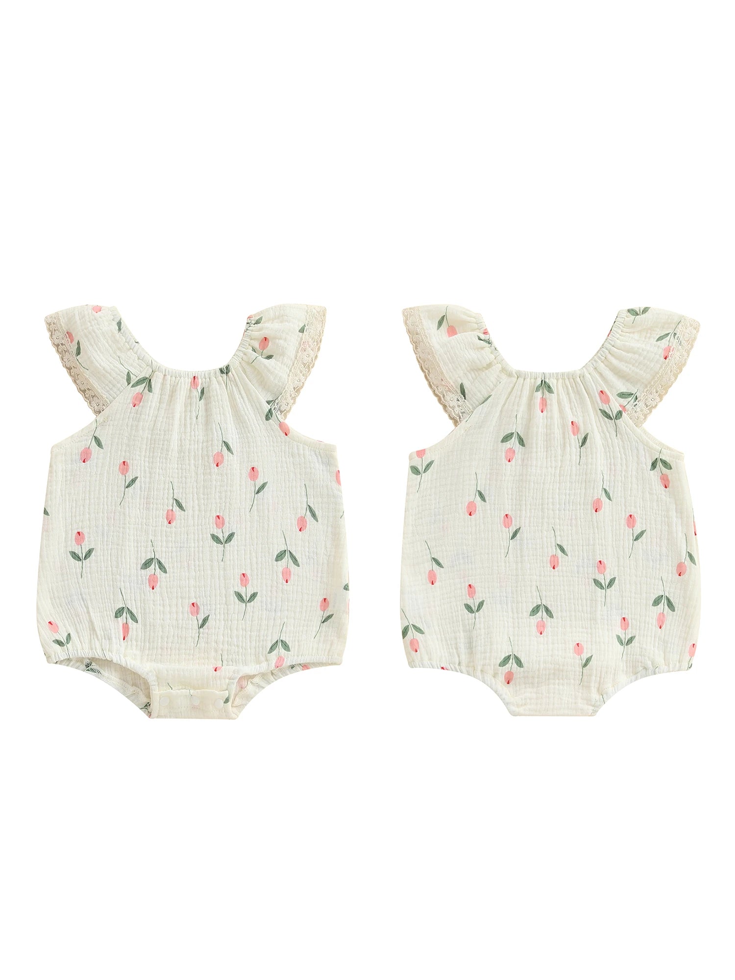 Toddler Girl Sleeveless Romper with Floral Print and Lace Detail Round Neck Jumpsuit for Summer Cute Bubble Bodysuit