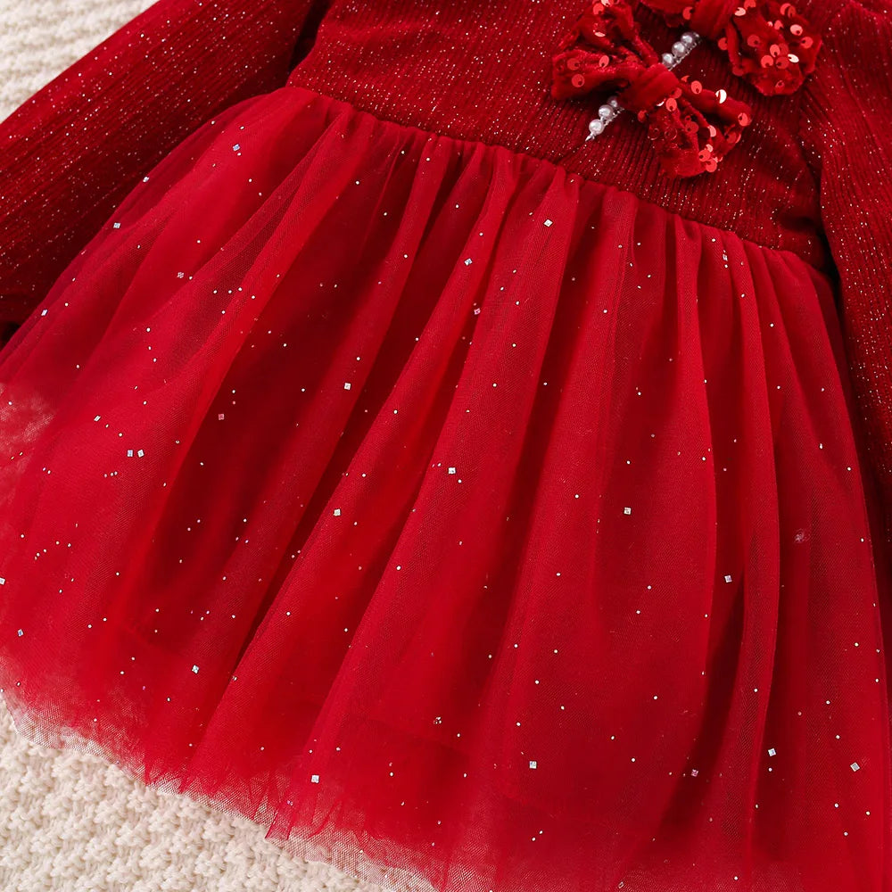 Autumn And Winter New Red Sequin Bow Baby Girl Dress, Princess Style Children'S Clothing With Free Sequin Pendant (0-3 Years)