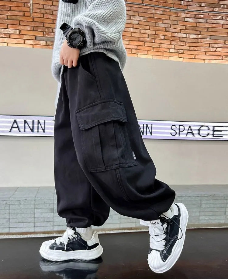 Boy's Loose Fit Tactical Cargo Pants 2025 Spring Autumn Lightweight Breathable Casual Wear with Multi-Pockets