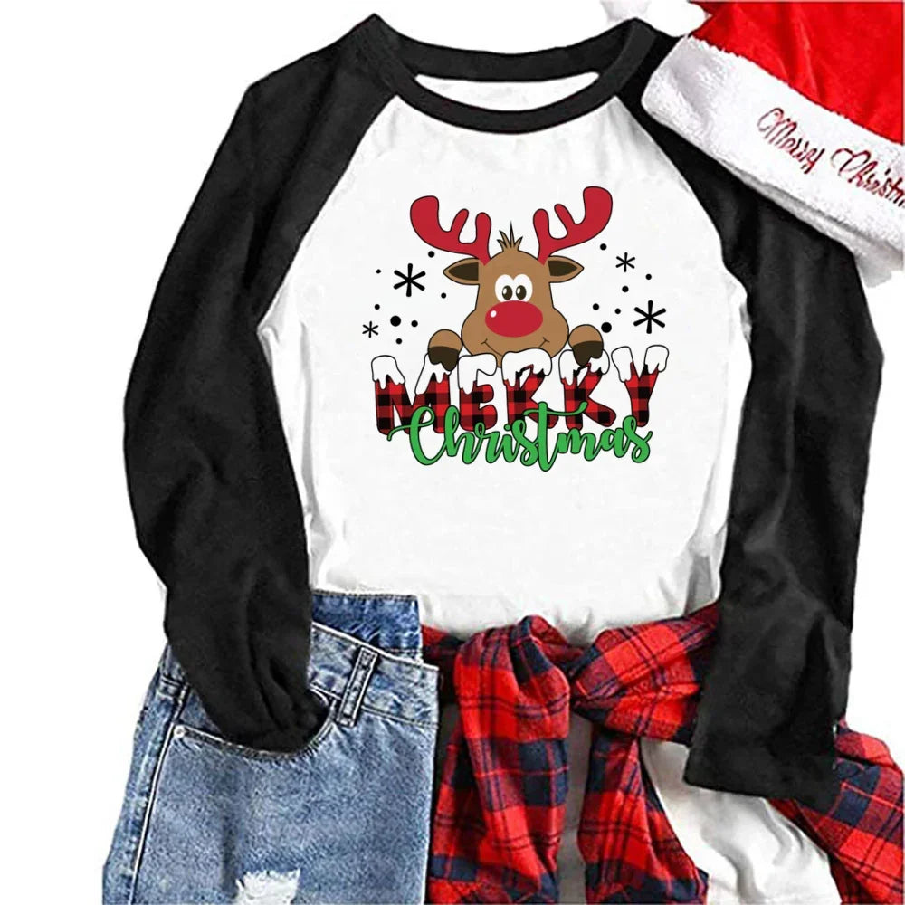Merry Christmas Deer Print Xmas Family Matching Outfits Father Mother Son Daughter Family Clothes Christmas Party Family T-Shirt