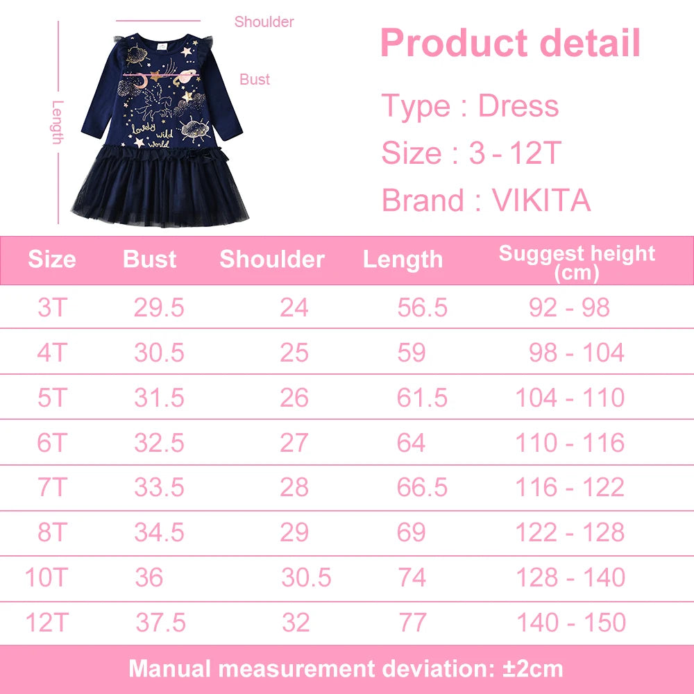 VIKITA Girls Sequined Appliqued Dress Kids Long Sleeve Autumn Spring Patchwork Dresses Girls Cotton Casual Straight Vestidos