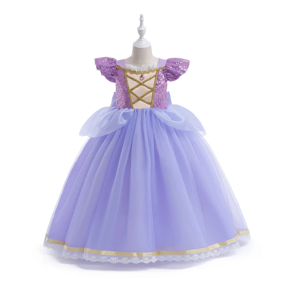 European and American Style Girl Princess Dress Rapunzel Apparel Ball Gown with Bow at Back Children Halloween Tangled Role Play