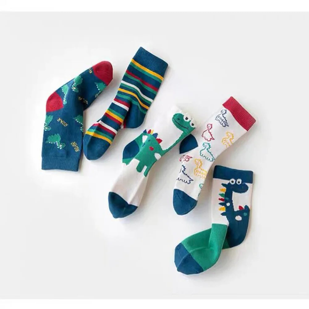 ‌Boys Girls Cartoon Dinosaur Mid-Crew Socks Soft Breathable Sport Striped Cotton Socks for Children Athletic Casual Outfit