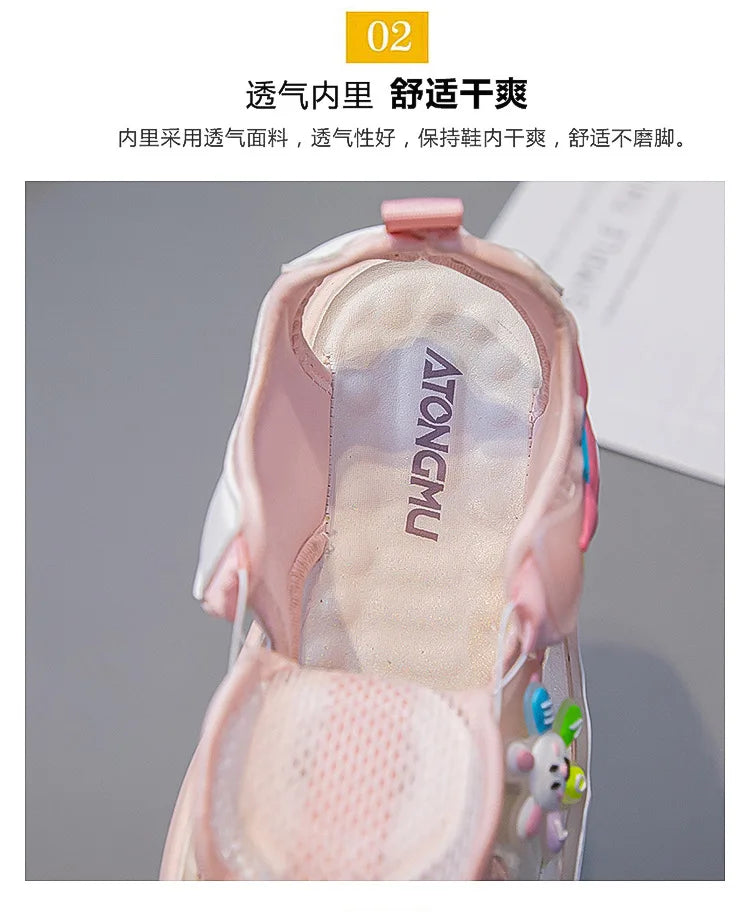 Sandals Girls Cartoon PU Leather Summer Fashion Outdoor Flat Bottom Breathable Anti-slip Pink Purple Size 26-37
