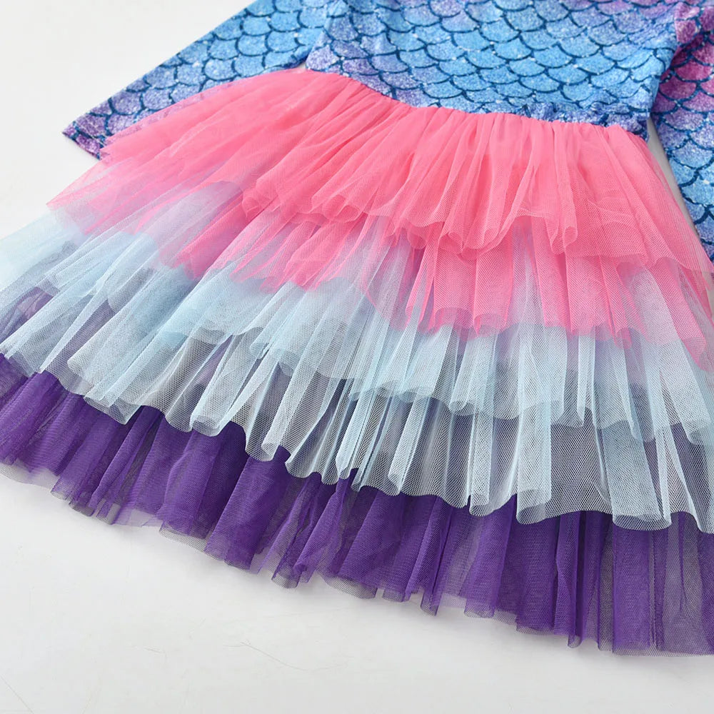 VIKITA Kids Long Sleeve Dress Girls Mermaid Print Dresses Kids Gradient Colorful Dress Girl Princess Layered Tulle Tutu Dresses
