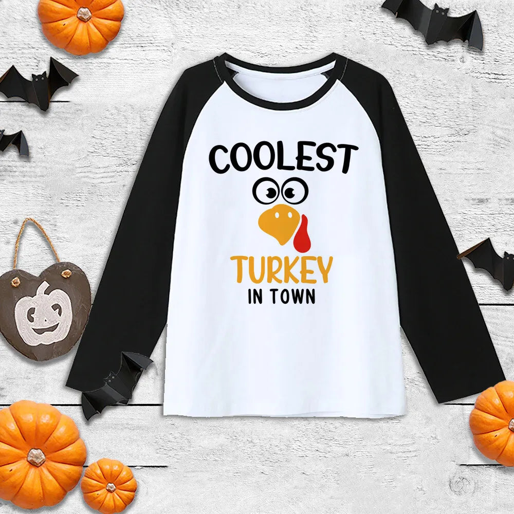 Thanksgiving Boys Girls Shirt Coolest Turkey In Town T-Shirt Kids Thanksgiving Cute Clothes Gift Tee Child Sibling Raglan Shirt