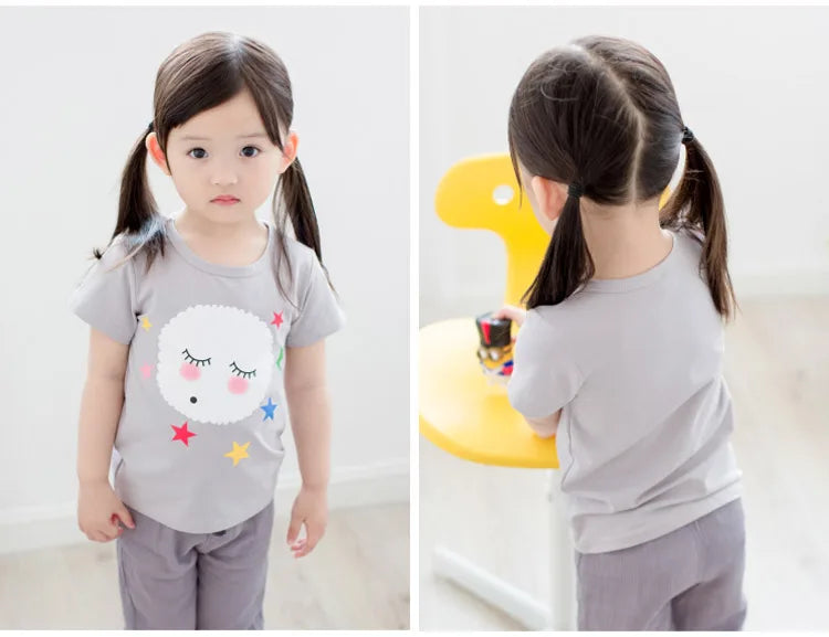 2025 Summer 2 3 4 6 8 10 Years Children Cotton Cartoon Star Bird Cat Rabbit Animal Print Short-Sleeve T-Shirt For Kids Baby Girl