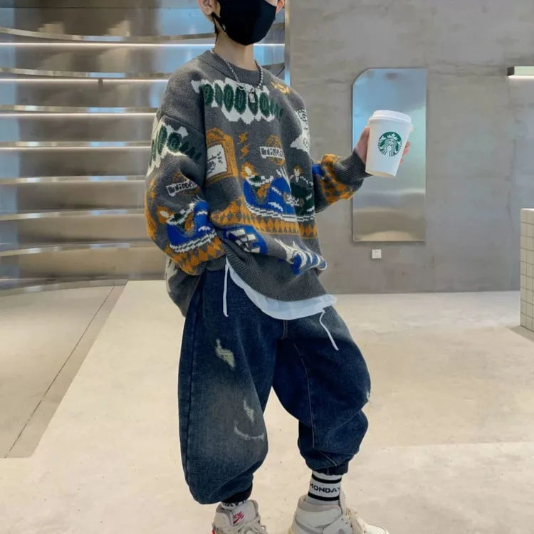 2025 New Boys' Autumn/Winter Fleece-Lined Thickened Pullover Knit Sweater - Warm Base Layer for Kids, Trendy & Cozy Design