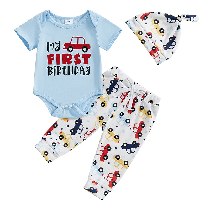 Toddler Boy Birthday Clothes Short Sleeve One Print Romper Car Pattern Long Pants Hat 3 Piece Outfit Set for Boys