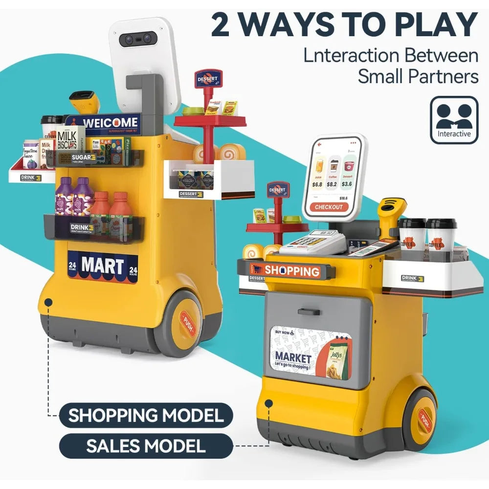 Cash Register Playset for Kids Pretend Play Shopping Money Calculator Scanner Credit Card Play Food for Boys Girls Birthday Gift