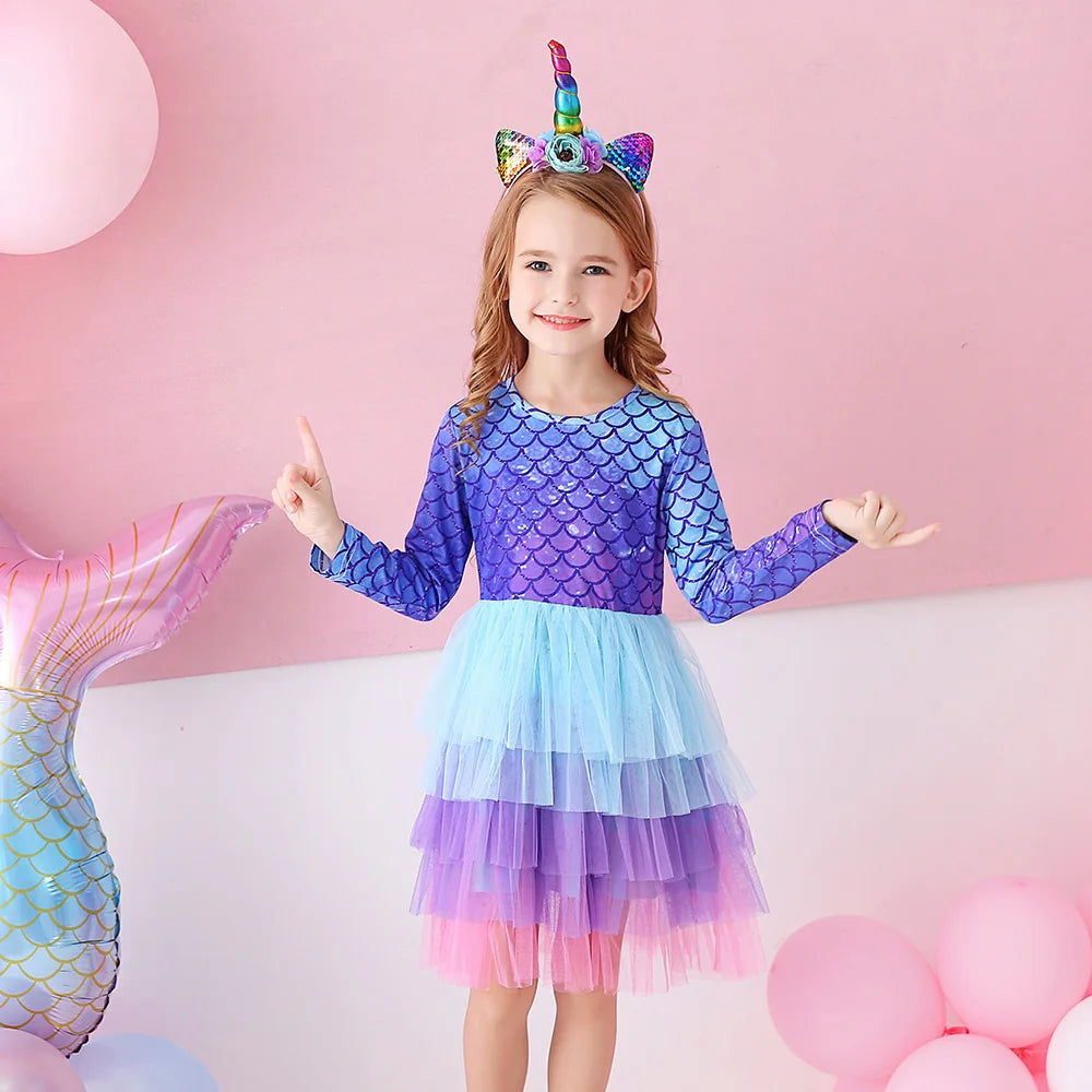 VIKITA Girls Mermaid Print Princess Dress Girl Cake Layered Performance Tutu Dresses Kids Long Sleeve Autumn Winter Party Dress