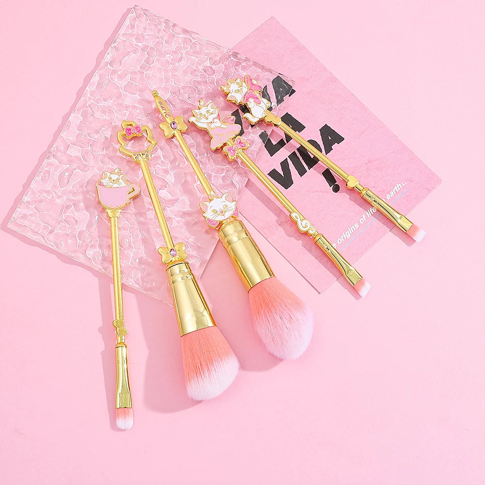 5pcs Mary Cat Makeup Brush Unique Cartoon Shape Makeup Tool Metallic Texture Cute Mary Cat Eyeshadow Brush Set Suitable for Girl