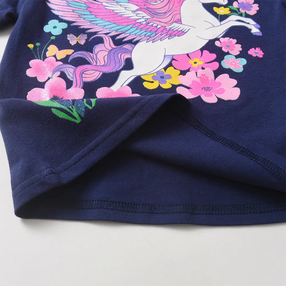 VIKITA 2025 Kinderkleidungsset für Mädchen, 2-teilig: Langarm-Baumwoll-T-Shirt mit Blumen-, Einhorn- und Schmetterlingsmotiv und passende schmal geschnittene Bleistifthose.