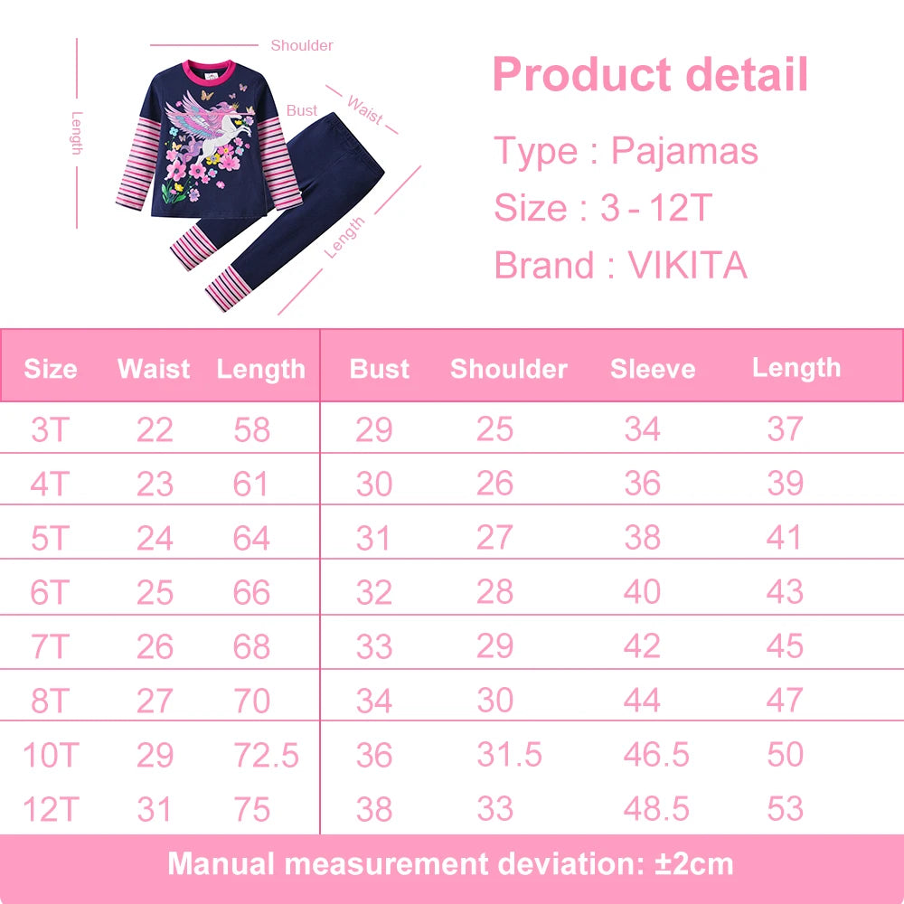VIKITA 2025 Kinderkleidungsset für Mädchen, 2-teilig: Langarm-Baumwoll-T-Shirt mit Blumen-, Einhorn- und Schmetterlingsmotiv und passende schmal geschnittene Bleistifthose.