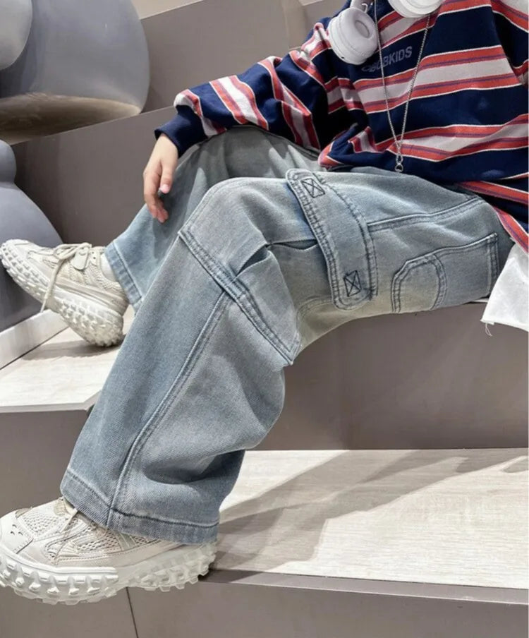 2025 Spring Autumn New Boys Loose Straight Jeans Lightweight Casual Pants for Tween Boys - Premium Denim Straight Leg Long Pants