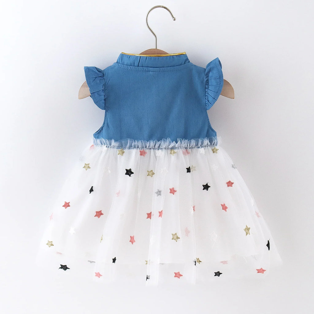 (Girls 0-3 Years Old)New Summer Girls Dress Small Flying Sleeve Bow Cowboy Work Pompous Past Polka Dot Color Sweet Princess Dres