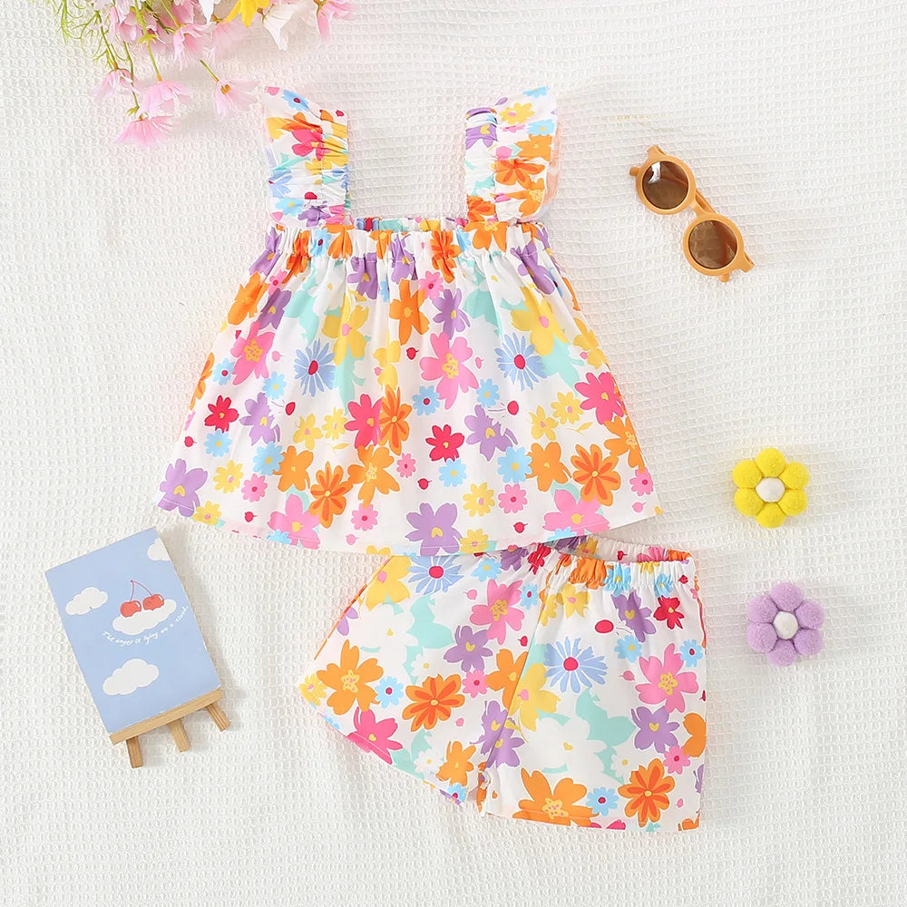 3 Months To 2 Years Old Summer New Beach Party Baby Girl Two-Piece Set, Colorful Floral Children'S Clothes