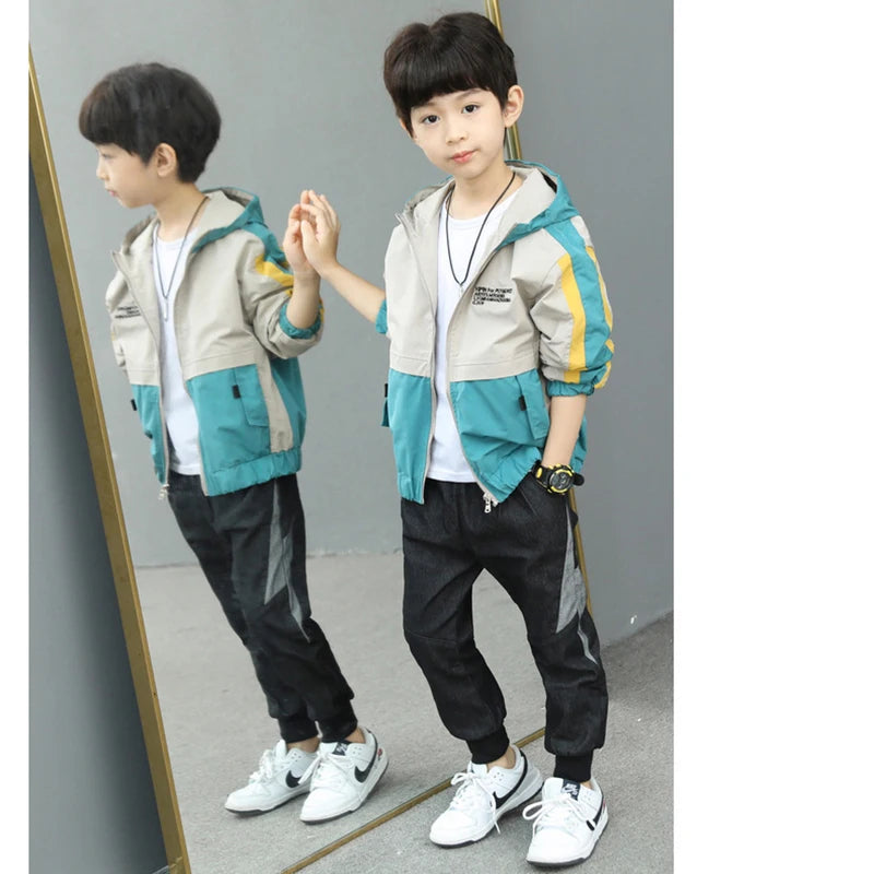 New Handsome Teenager Boys Hoodies Fashion Splicing Style Coat For Kids 3-12 Years Children Windbreaker Jacket