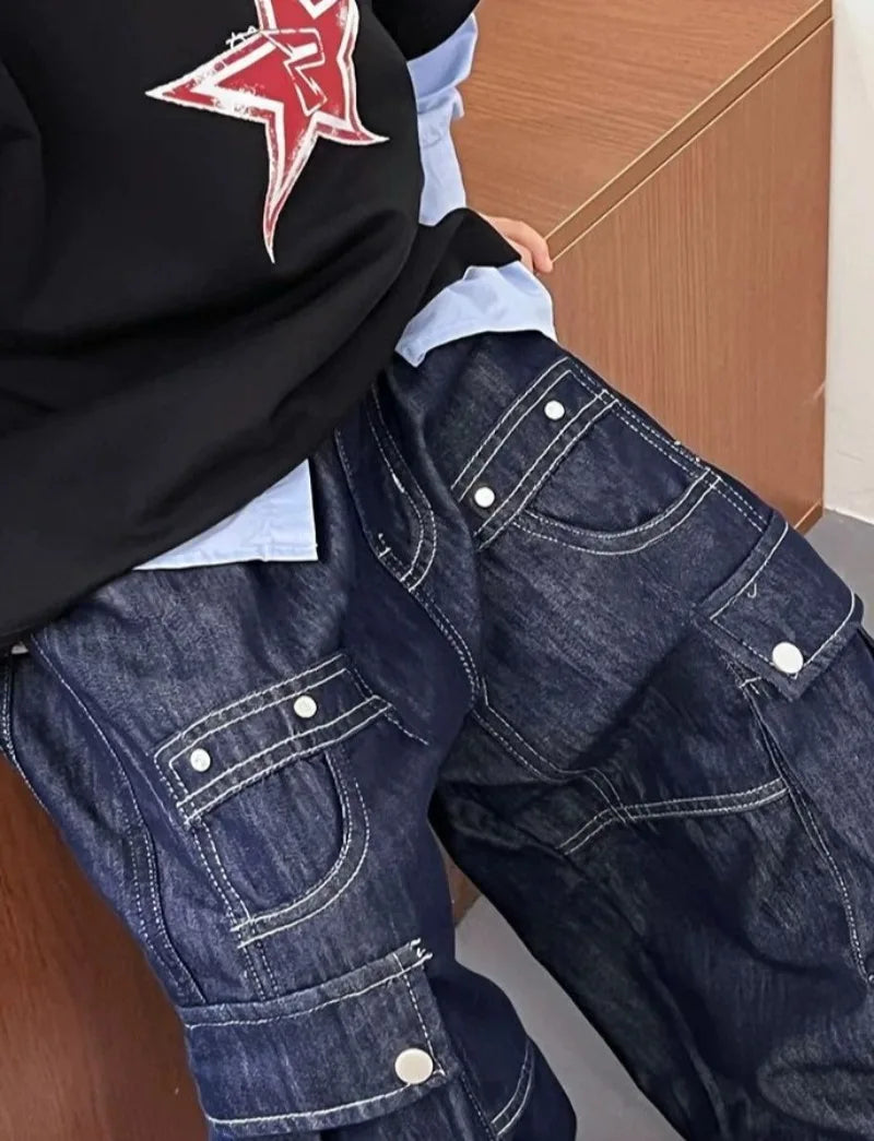 2025 New Boys' Solid Color Jeans - Loose Fit Straight Leg Kids' Long Pants with Pockets, Trendy & Stylish Denim for Active Boys
