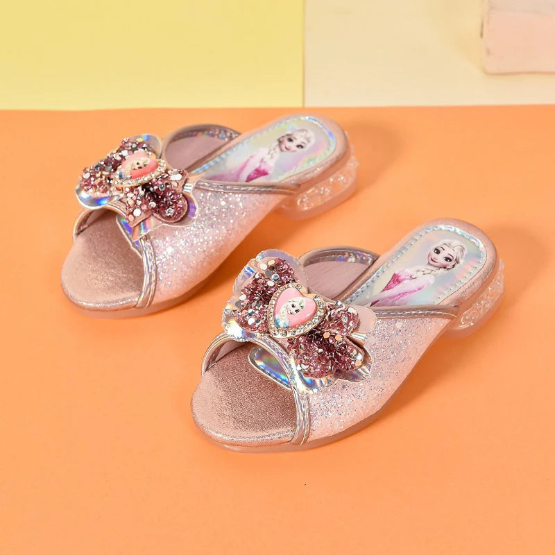 Disney Kids Princess Shoes Frozen Elsa Bowknot Low Heel Slippers Casual Baby Girls Party Wedding Leather Blue Shoes Size 27-36