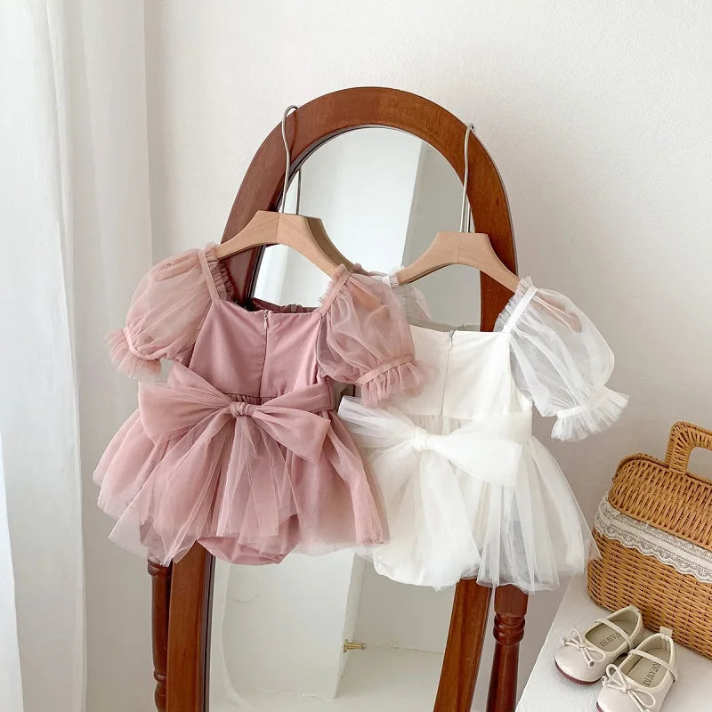 2025 Summer Baby Clothes 100 Day Baptism Birthday Party Sleeveless jumpsuit Mesh Bow Romper Girl Princess Dress