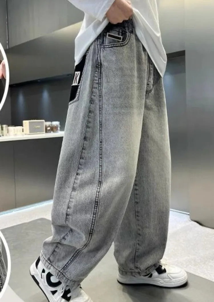 Light Grey Boys' Denim Pants Spring Autumn Casual Relaxed Fit Medium To Large Kids Jeans