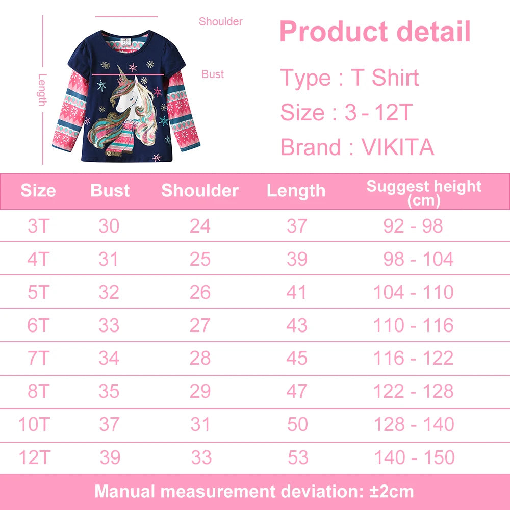VIKITA 2025 New Girls Long Sleeve Snowflake Print Tops Girls Christmas New Year Xmas Gifts Toddlers Cotton Casual T Shirt Tees