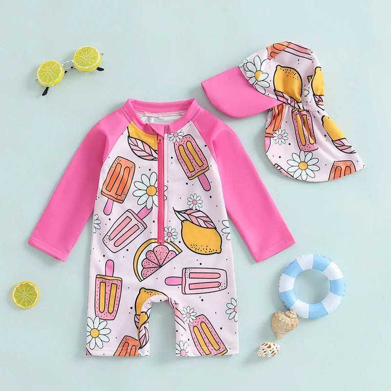 Baby Boys Rash Guard Swimsuit with Hat 2 Pcs Set Zip Up Long Sleeve Crew Neck Toddler Boys Swimwears and Sun Protection
