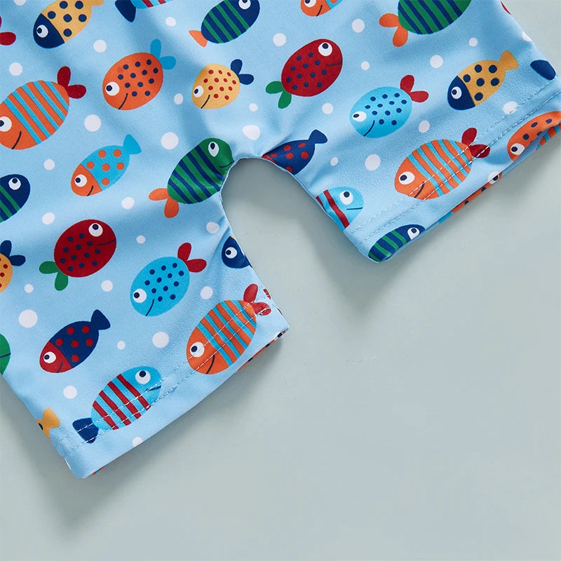 Toddler Boy UV Protection Swimsuit Set with Fish Print Long Sleeve Rash Guard Half Zipper and Sunhat for Sun Safety