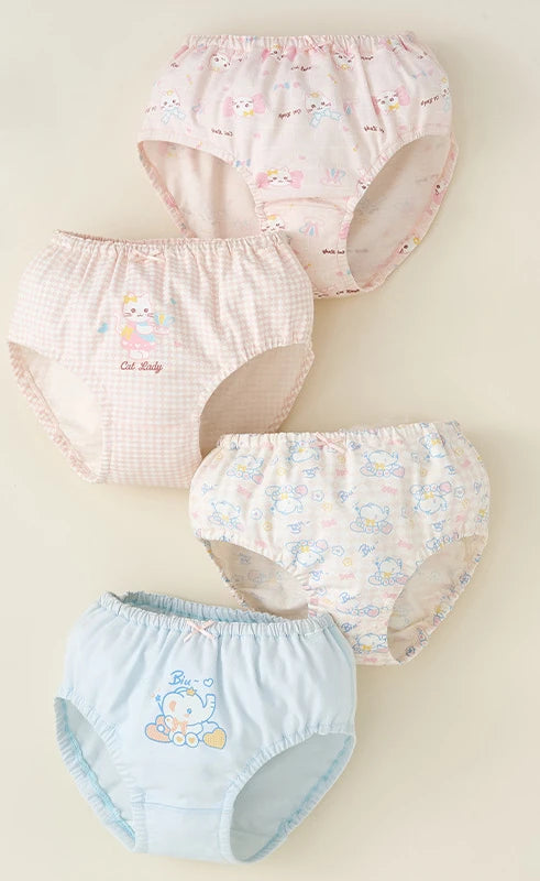 4PCS Cotton Soft Antibacterial Briefs for Girls Breathable Comfort Panties 3+y Young Children Clothing Kids Cute Print Underwear