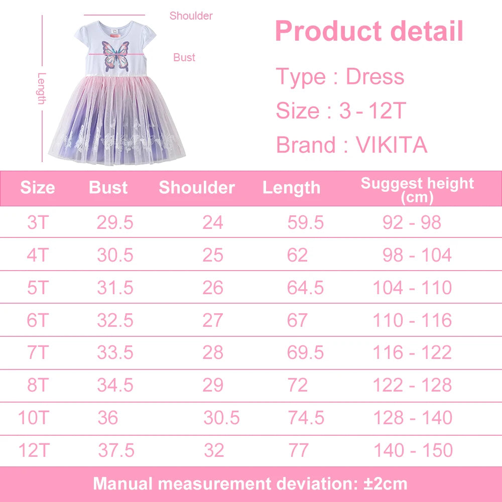 VIKITA Girls White Short Sleeve Dress Kids Colorful Sequined Butterfly Appliqued Gradient Tulle Fashion Elegant Princess Dress