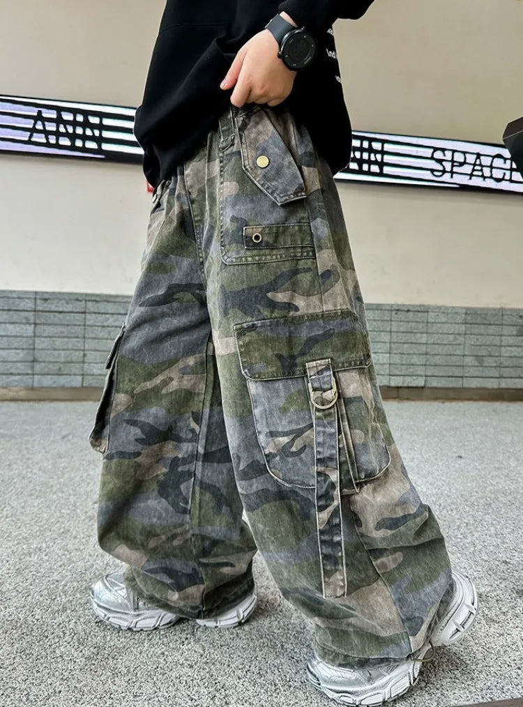 2025 New Boys Autumn Camouflage Tactical Pants - Kids Cargo Pants with Multiple Pockets, Trendy & Comfortable for 8-14 Years Old