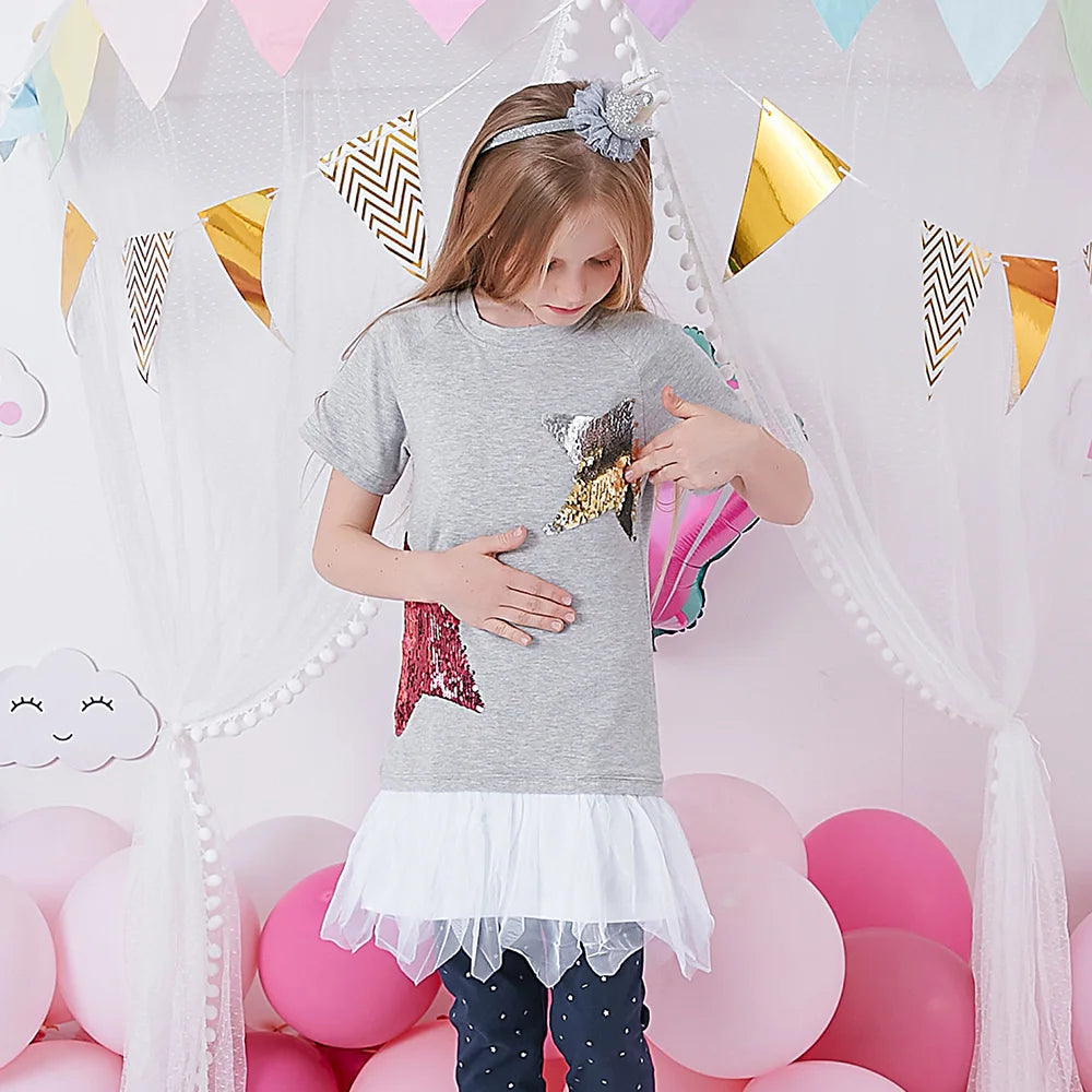 VIKITA Girls Star Sequined Appliqued O Neck Short Sleeve T Shirts Kids Summer Cotton Casual Daily Fashion Tees Tops Wear Clothes