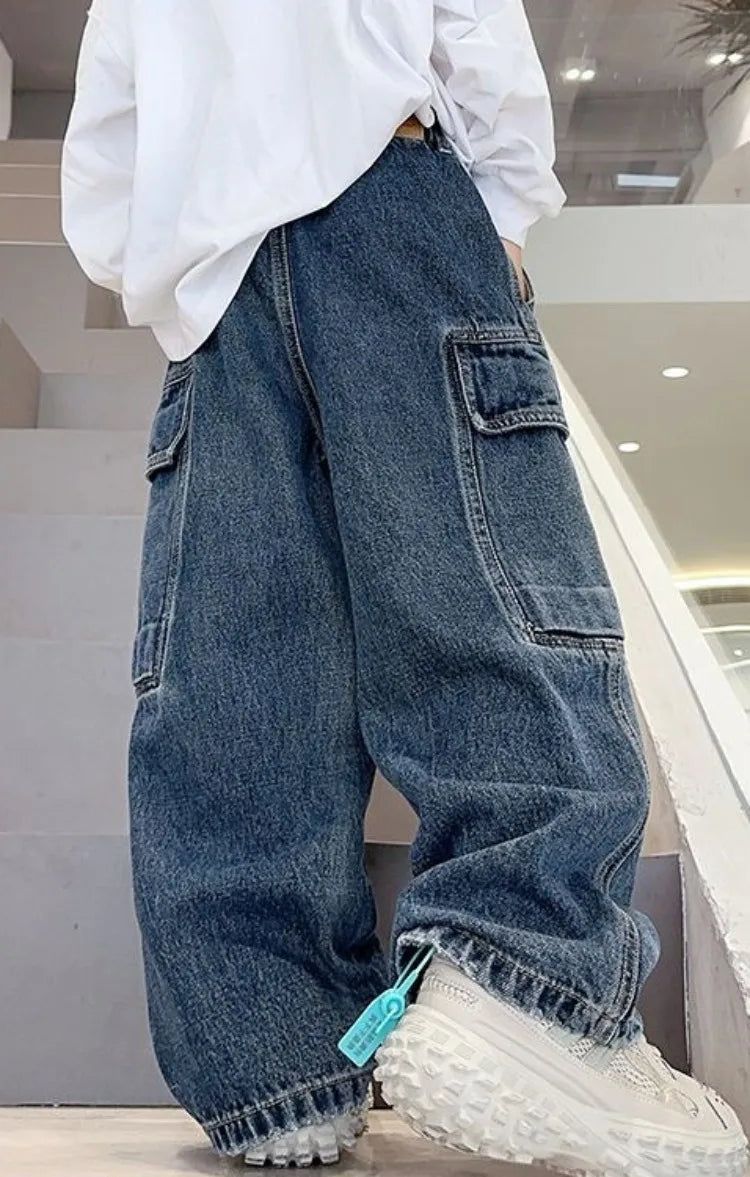 2025 New Boys Cargo Jeans Straight Wide Leg Spring Autumn Toddler Boys Big Boys Spring Fashion Jeans