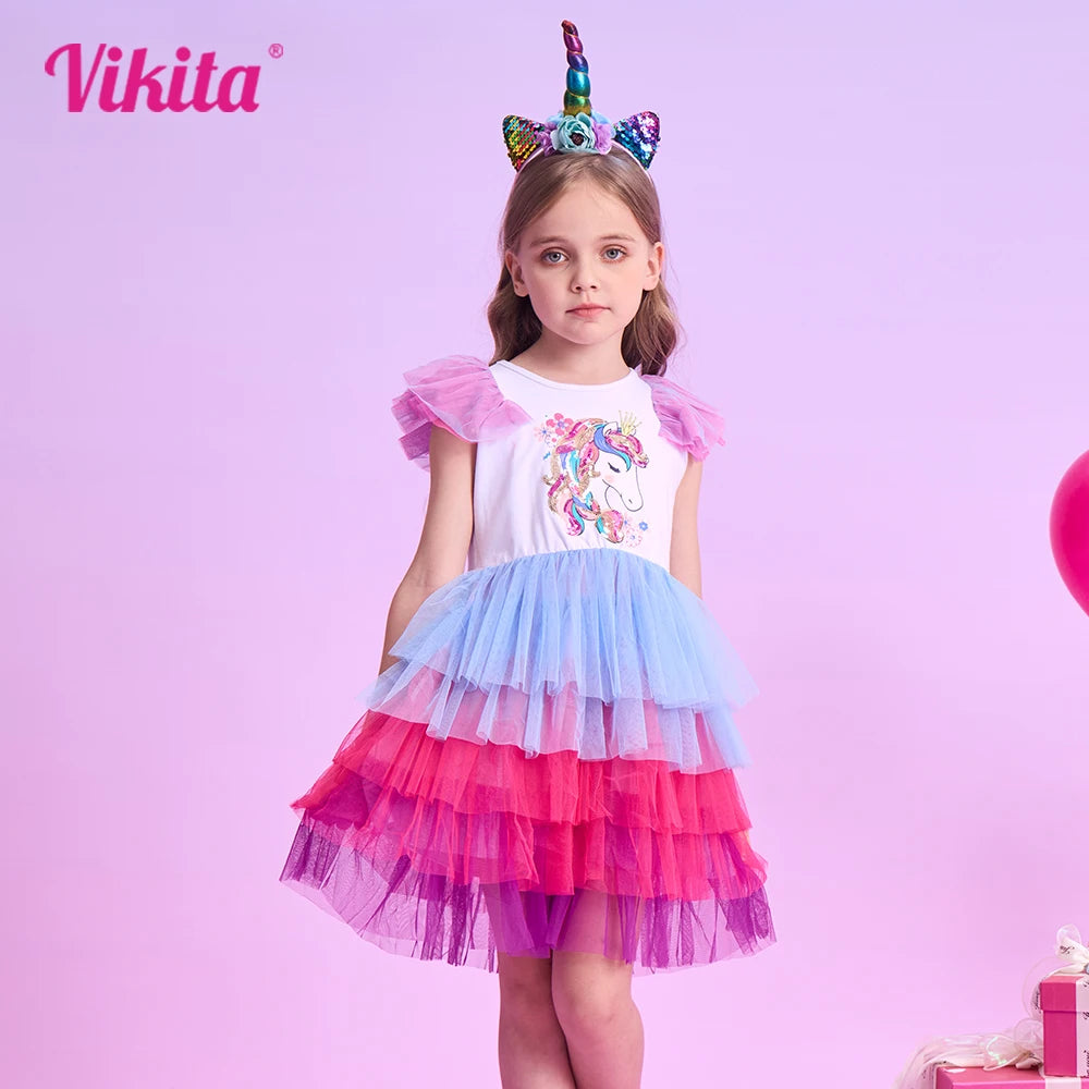 VIKITA Teenagers Girls Licorne Sequined Appliqued Cartoon Dress Kids Colorful Tiered Tulle Layered Tutu Dresses for Summer 3-12Y