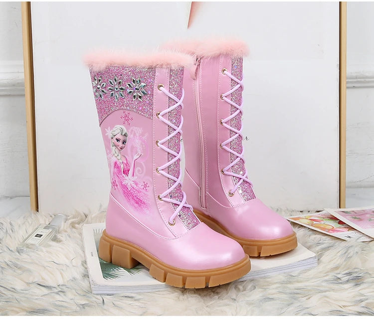 Disney Girls' Princess Elsa Frozen Boots Children's Long Sleeve Boots Women's Cotton Winter Plush Thickened High Sleeve Boots