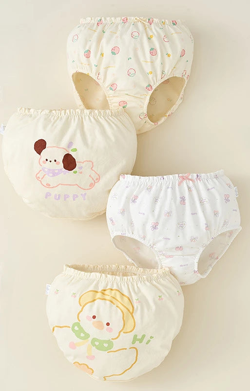 4PCS Cotton Soft Antibacterial Briefs for Girls Breathable Comfort Panties 3+y Young Children Clothing Kids Cute Print Underwear