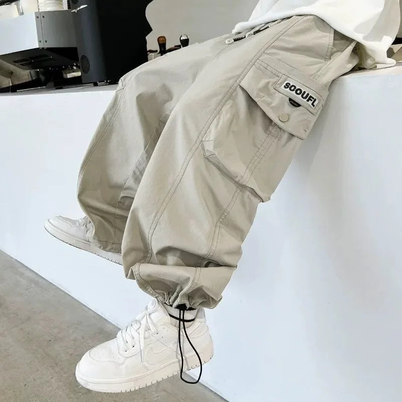 2025 Spring Autumn Boys' Cuffed Cargo Pants Straight Leg Cotton Stylish New Design
