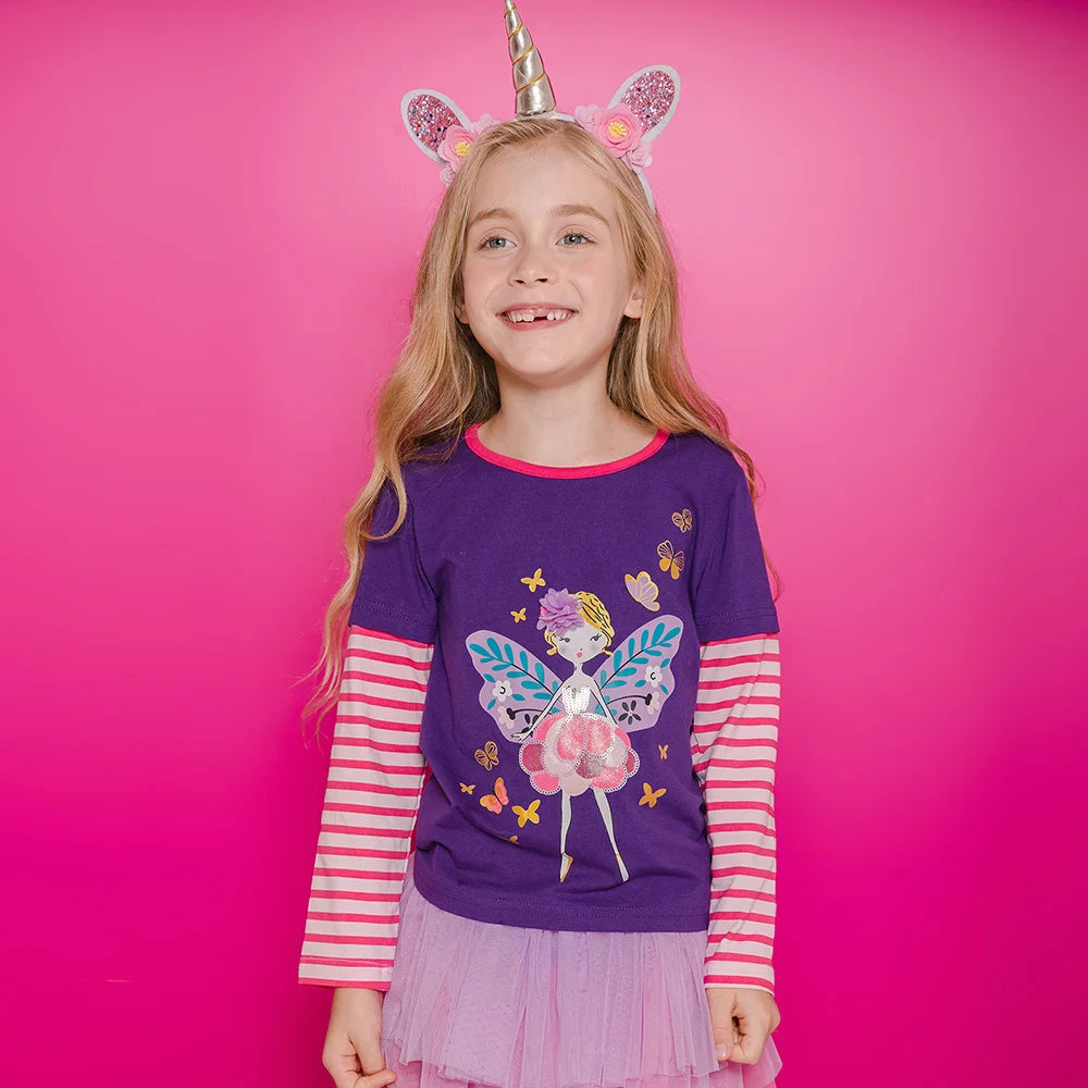 VIKITA Kids Butterfly Doll Cartoon Print T Shirt Girl Autumn Spring Long Sleeve Striped Cotton Casual Tops and Tees Kids Clothes