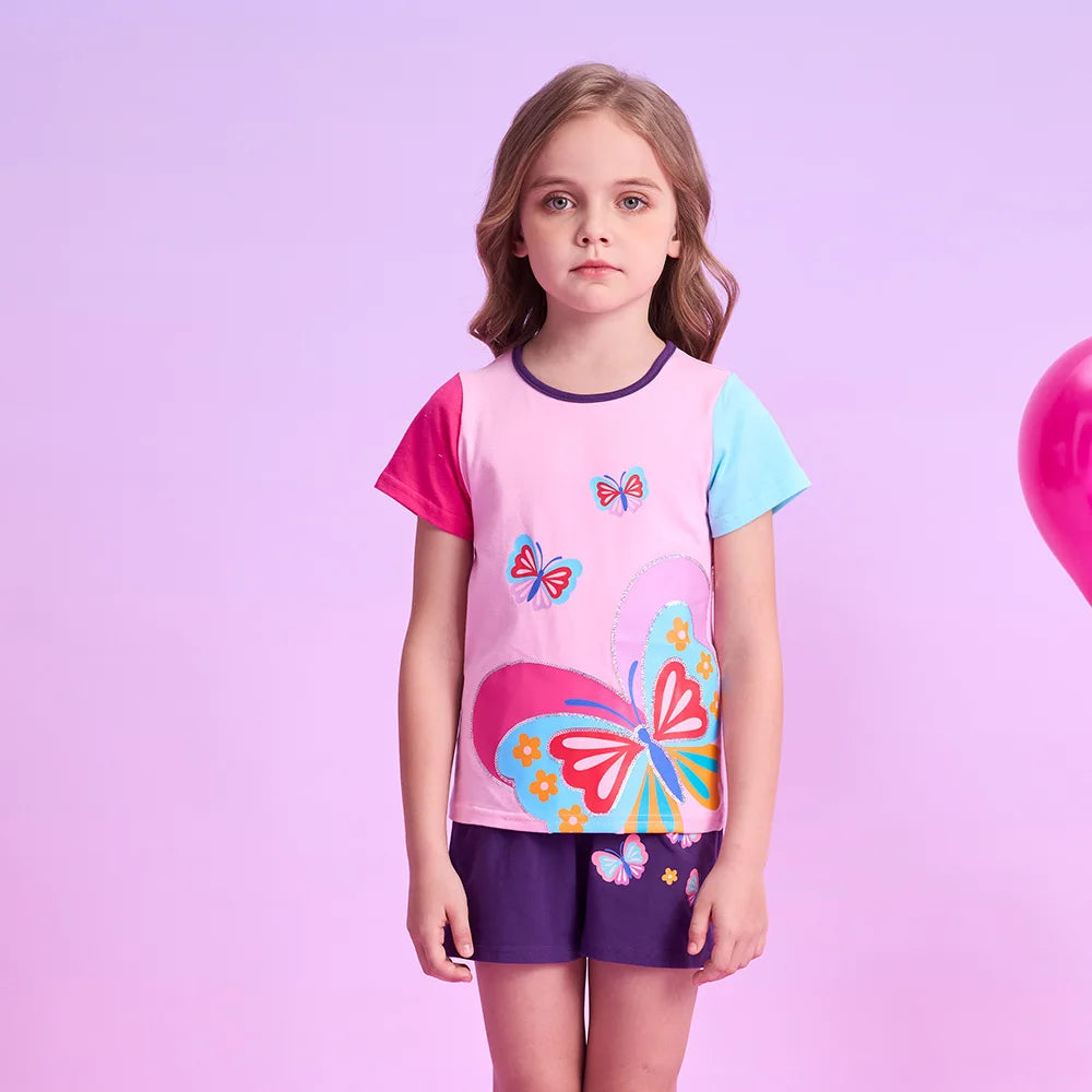 VIKITA Girls Tops and Tees for Summer Kids Butterfly Print Cartoon T Shirts Girls O Neck Short Sleeve Cotton Casual Daily Tees