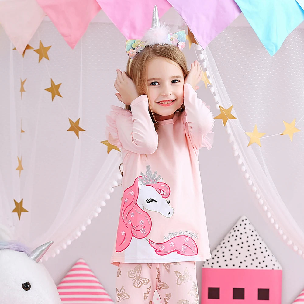 DXTON Spring Girls Long Sleeve T-shirts Children Cartoon Unicorn Girls Tops Toddlers Cotton Tees Solid Pink T shirts Outfits