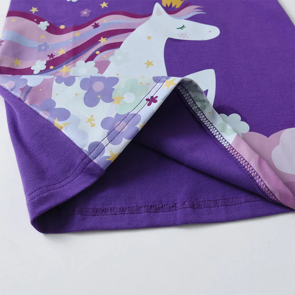 VIKITA Girls Flare Sleeve Summer Dress Kids Cotton Casual Licorne Flower Print Purple Princess Straight Dress Children Clothing