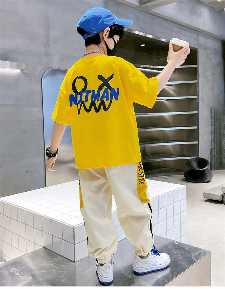 4-12 Years Teen Summer Boys Clothing Sets Fashion Letter Short Sleeve T-shirt Pants 2Pcs Suit For Kids Children Casual Outfits