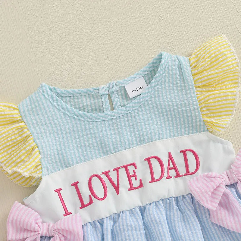 Adorable Infant Girl Sleeveless Dress with Cute Bow Accents Embroidered Letters Striped Design and Ruffled Trim