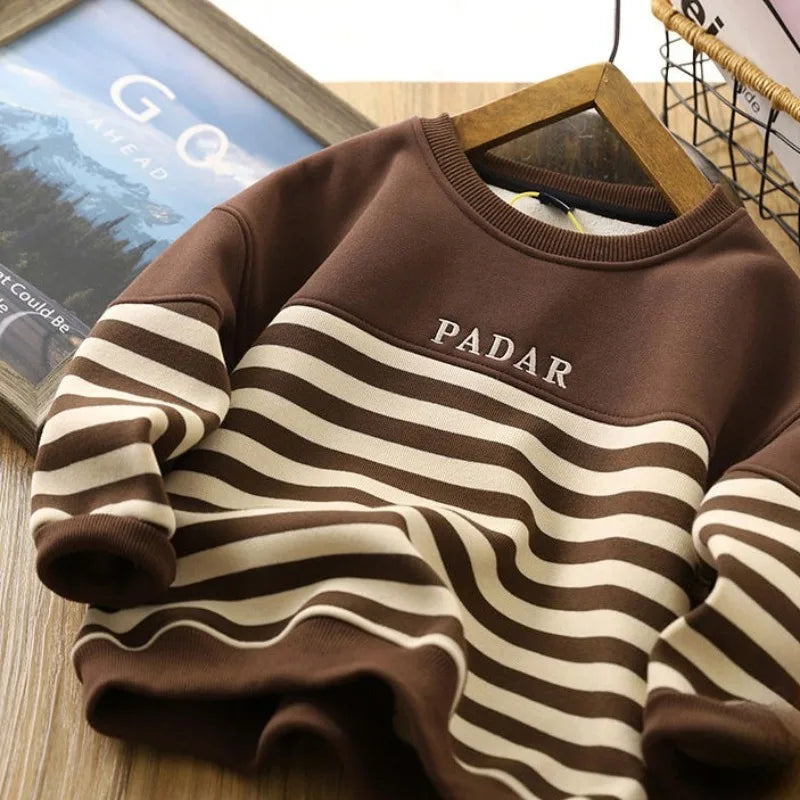 Boys' 2025 New Arrival No Hood Double Fleece-Lined Thickened Striped Crewneck Sweatshirt Autumn/Winter Trendy