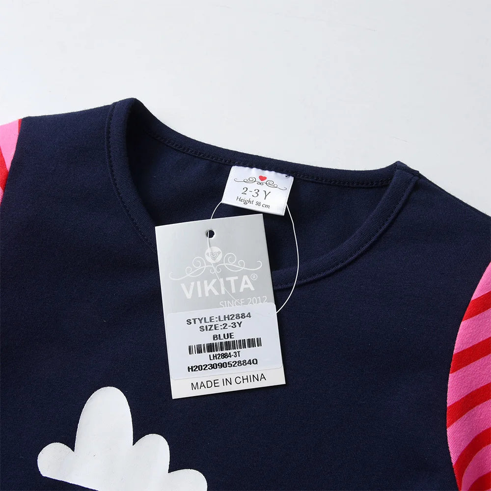 VIKITA Girls Cotton Casual Straight Dress Kids Penguin Snowflakes Cartoon Appliqued Striped Dresses Girls Autumn Spring Dress