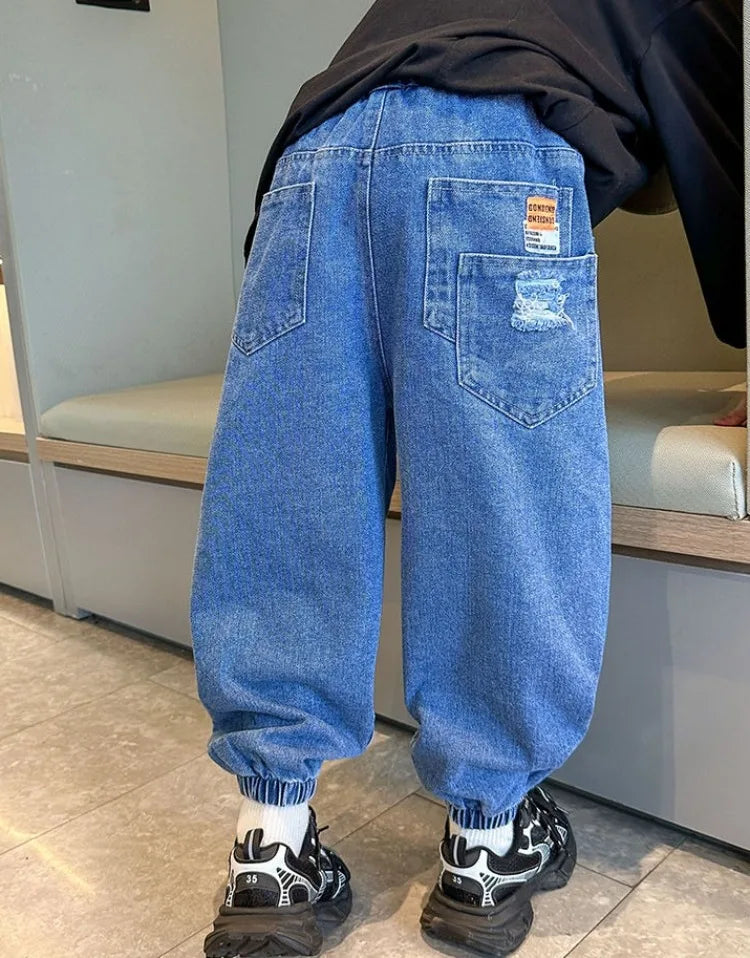 2025 New Boys' Denim Jeans Spring Autumn Kids Casual Sport Pants Long Korean Style Trendy Streetwear