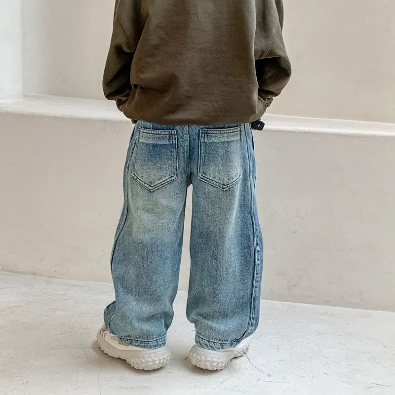Boys' Korean Style Straight Leg Jeans for Kids - Spring 2025 New Vintage Blue Unisex Children's Denim Pants